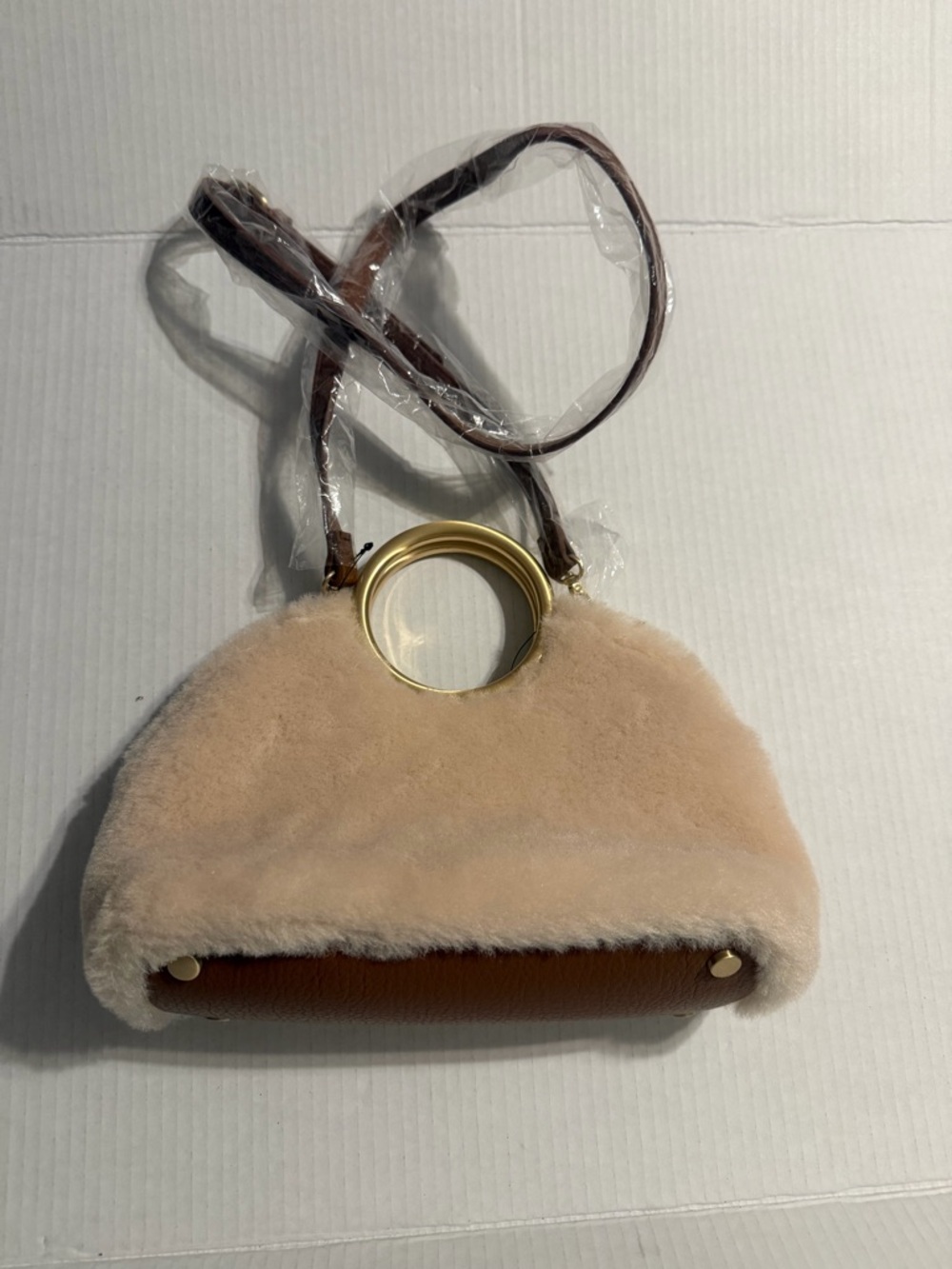 INC International Concepts Faux-Fur Shoulder Bag in Beige with Gold Ring
